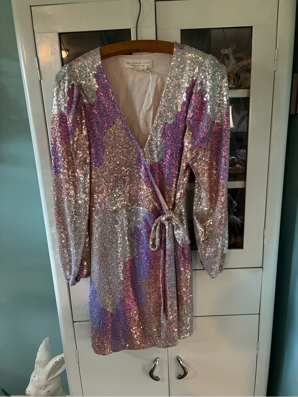 Saltwater Luxe sz S Sequin Wrap Mini Dress in Silver & Purple euc